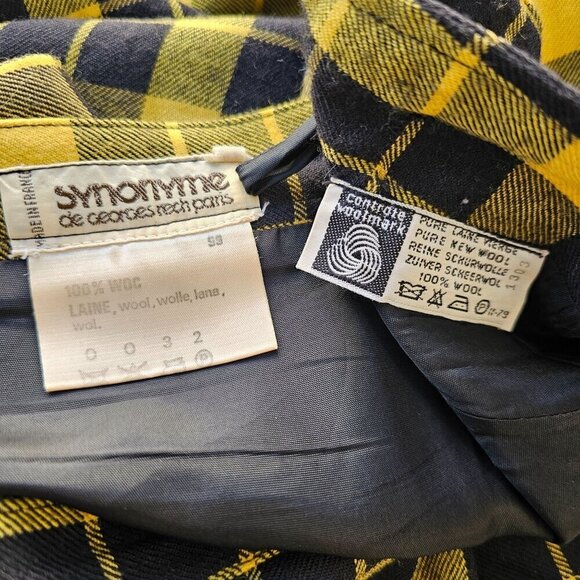 Synonyme 70s Yellow Black Plaid Wool Midi Skirt Size S Side Buttons French Made - Picture 2 of 11